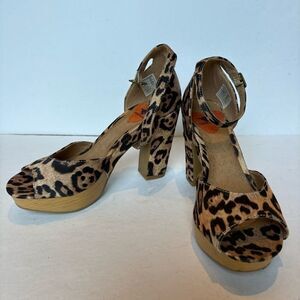 Rocket Dog Women's Leopard Print Platform High Heels Open Toe Tan/blk size 6M